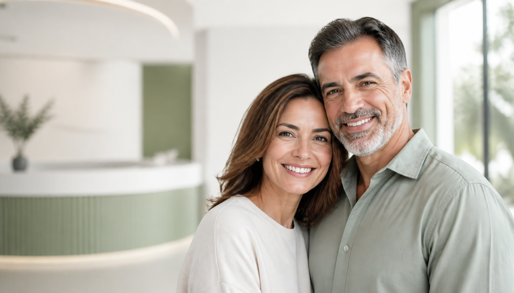 Pareja sonriendo en una clínica dental moderna